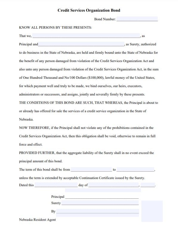 Nebraska Credit Services Organization Bond Form