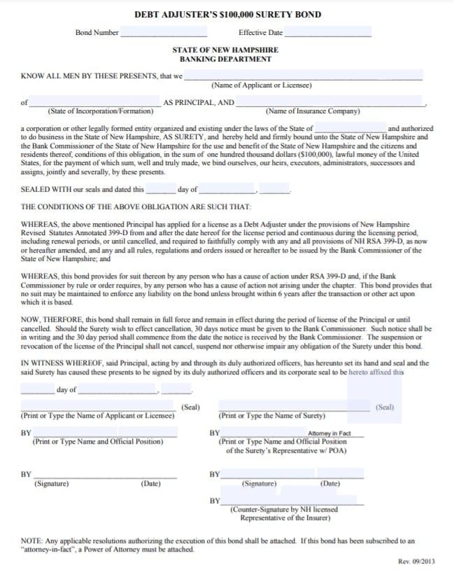 New Hampshire Debt Adjuster Bond Form