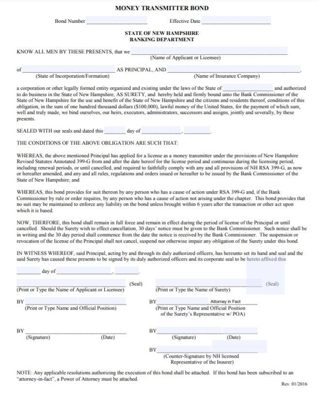 New Hampshire Money Transmitter Bond Form