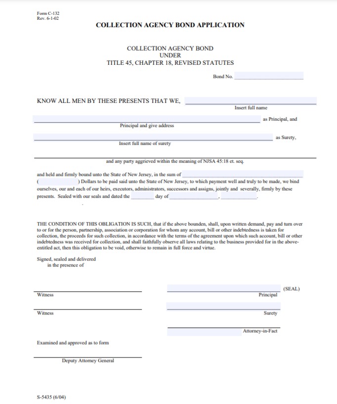 New Jersey Collection Agency Surety Bond Form