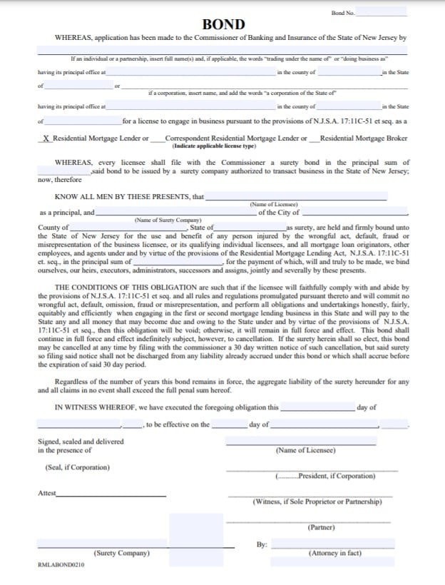 New Jersey Residential Mortgage Lender Bond Form