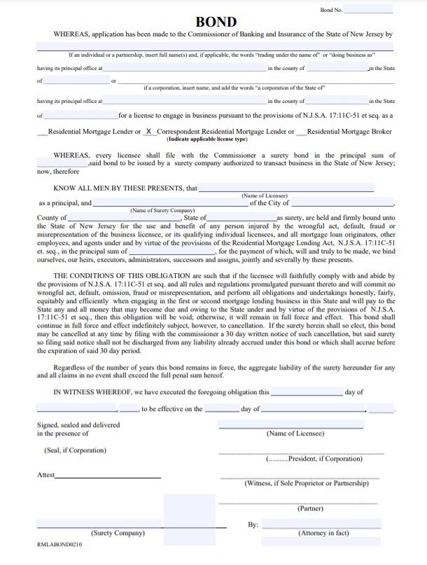 New Jersey Correspondent Residential Mortgage Lender Bond Form