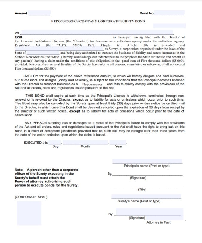 New Mexico Repossessor Bond Form