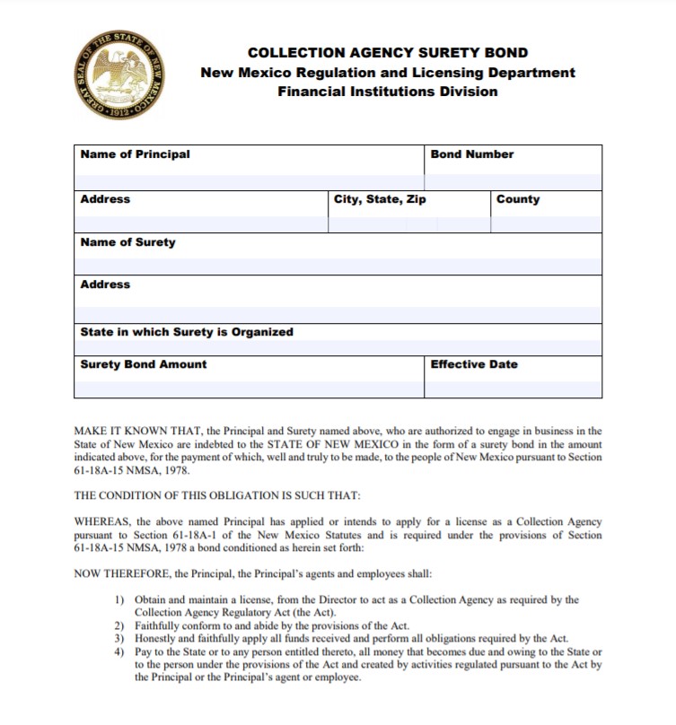 New Mexico Collection Agency Bond Form