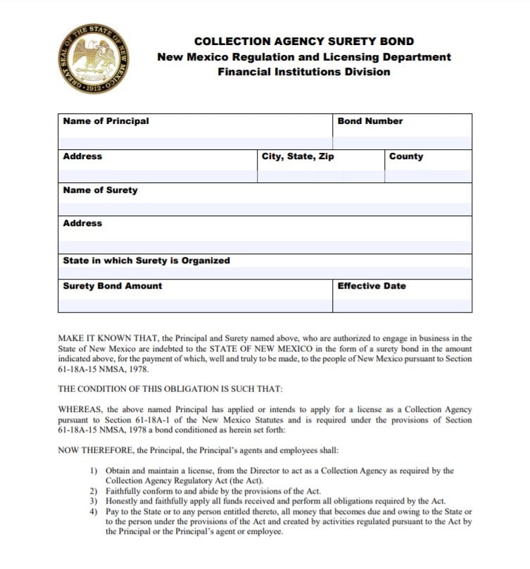 New Mexico Collection Agency Bond Form