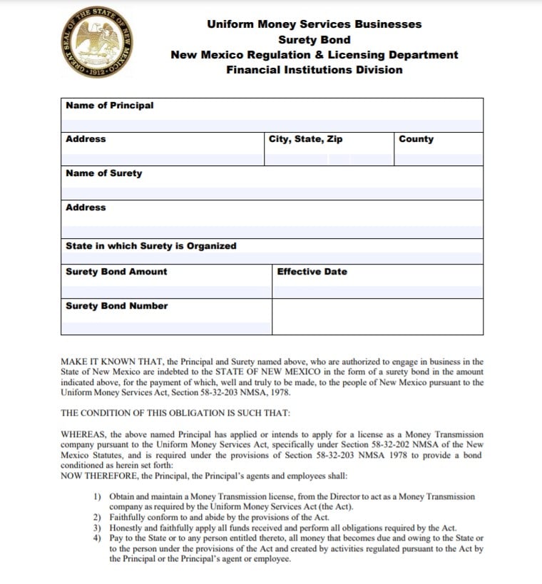 New Mexico Money Transmitter Bond Form