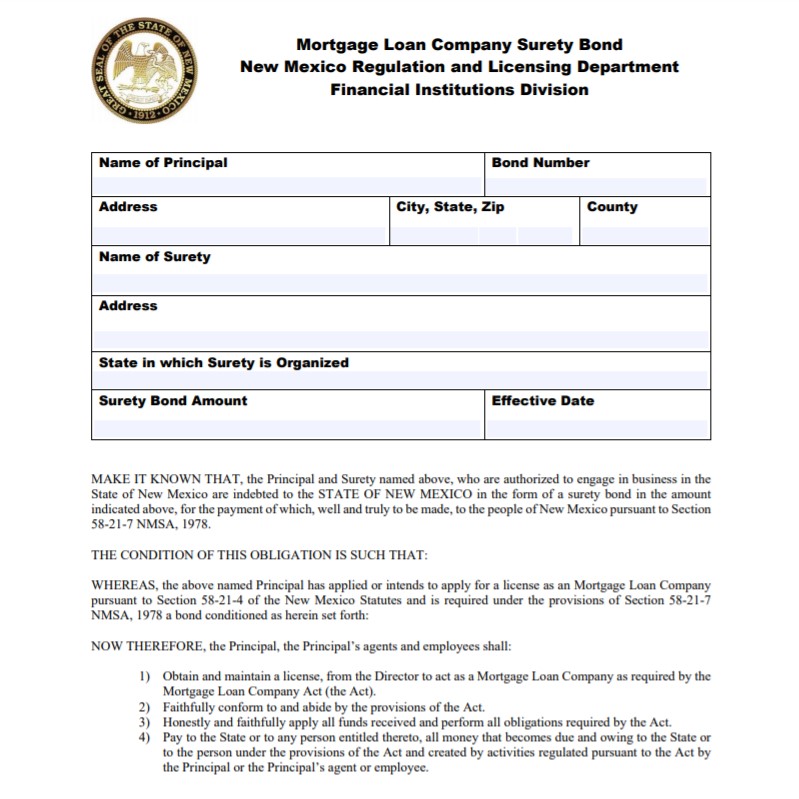 New Mexico Mortgage Loan Company Bond Form