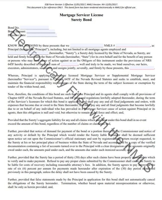 Nevada Mortgage Servicer Bond Form