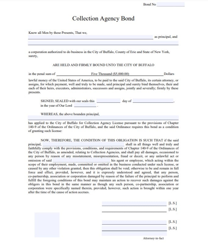 Buffalo Collection Agency Bond Form