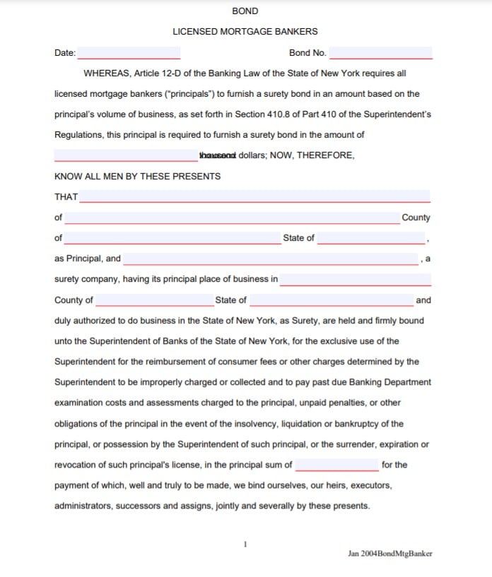 New York Mortgage Banker Bond Form