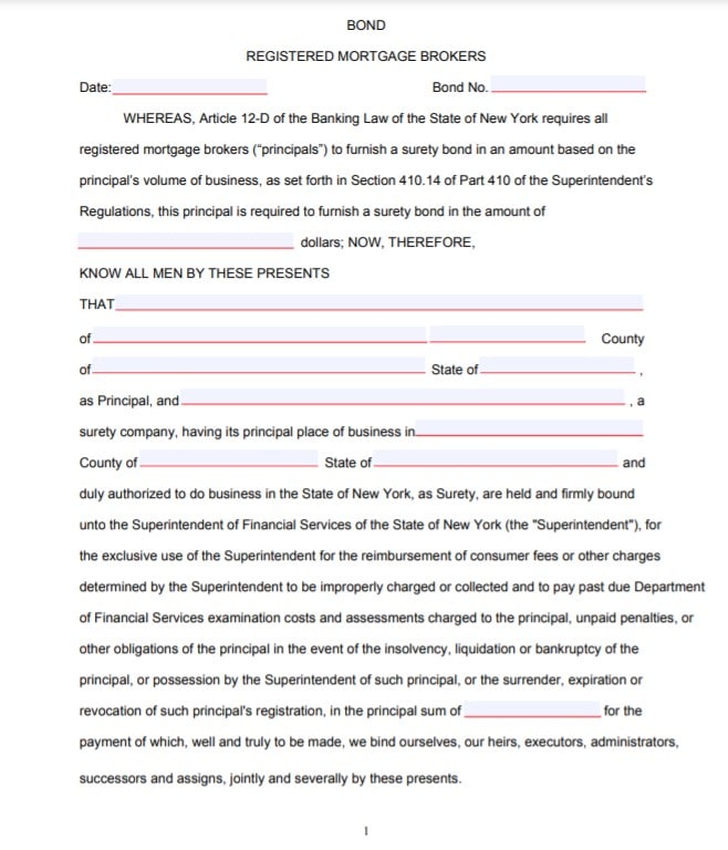 New York Mortgage Broker Bond Form