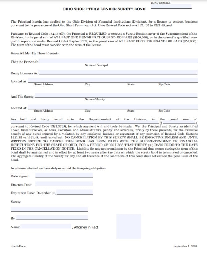 Ohio Short Term Lender Bond Form