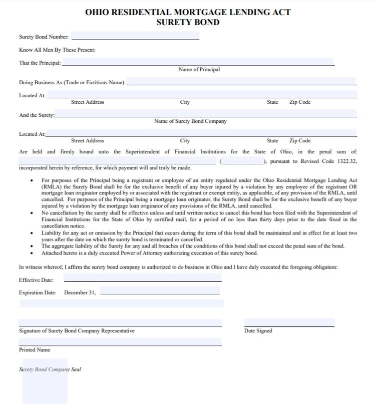 Ohio Mortgage Loan Originator Bond Form