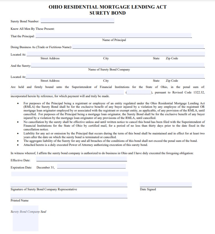 Ohio Mortgage Company Bond Form