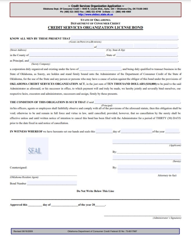 Oklahoma Credit Services Organization Bond Form