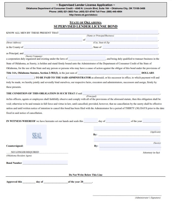 Oklahoma Supervised Lender Bond Form