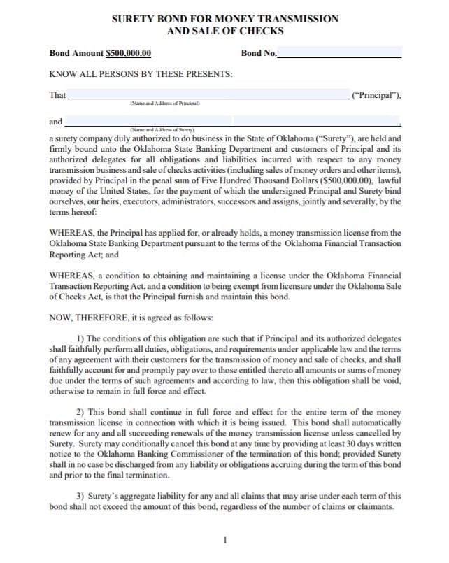 Oklahoma Money Transmitter Bond Form