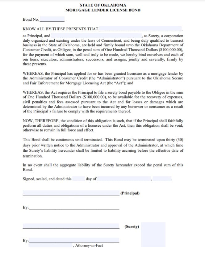 Oklahoma Mortgage Lender Bond Form