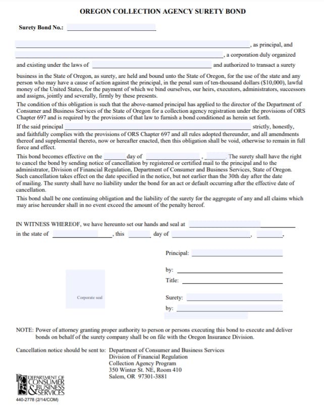 Oregon Collection Agency Bond Form