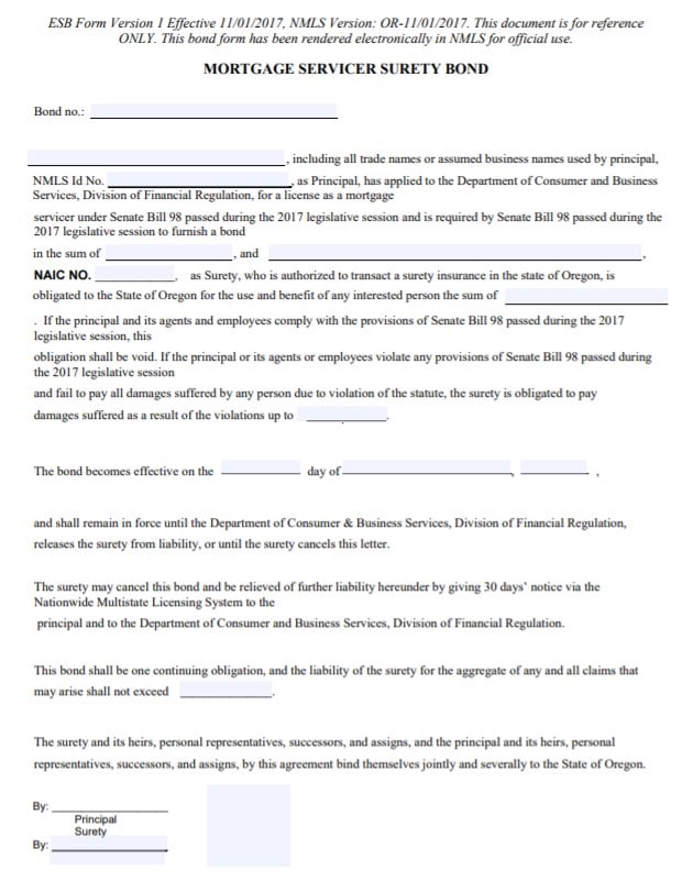 Oregon Mortgage Servicer Bond Form