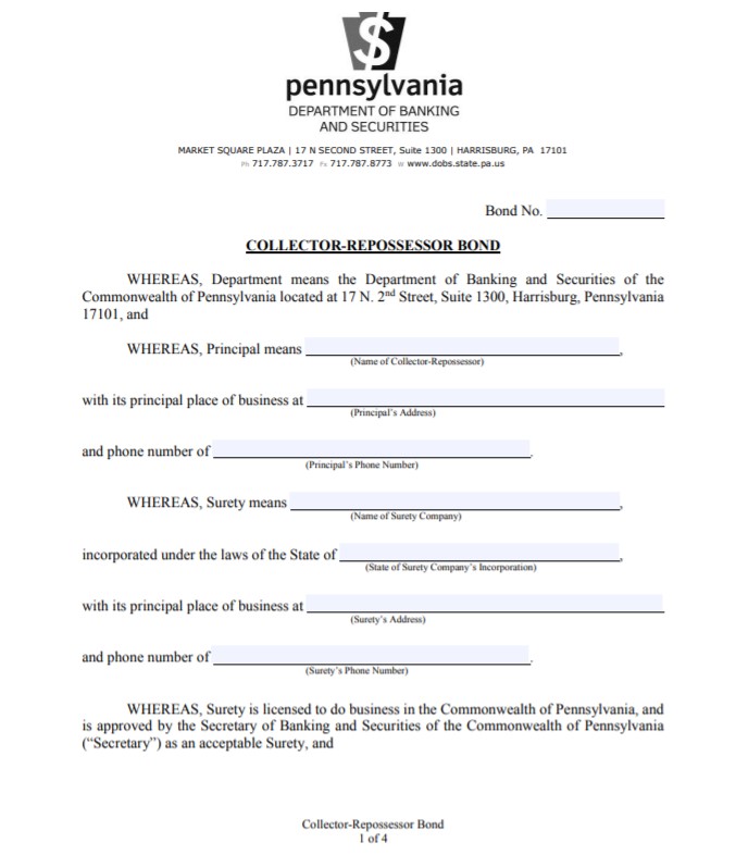Pennsylvania Collector-Repossessor Bond Form