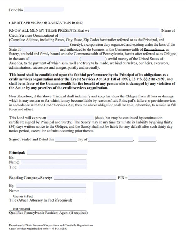 Pennsylvania Credit Services Organization Bond Form