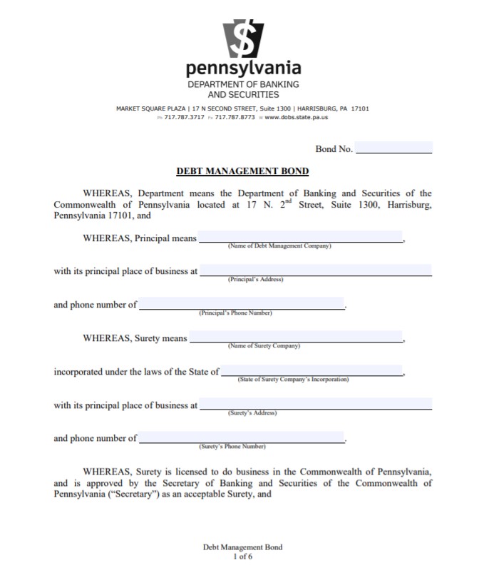 Pennsylvania Debt Management Company Bond Form