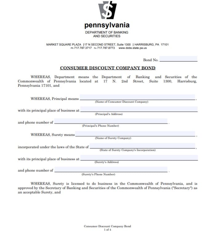 Pennsylvania Consumer Discount Company Bond Form
