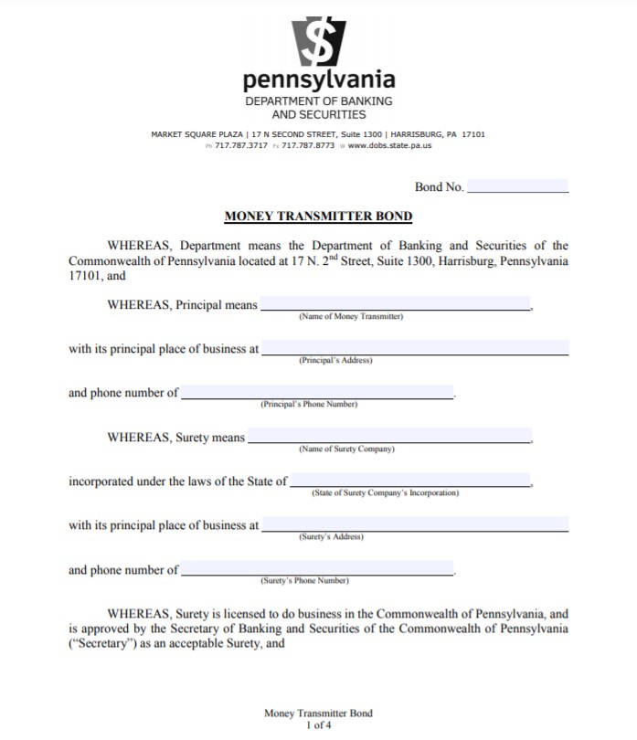 Pennsylvania Money Transmitter Bond Form
