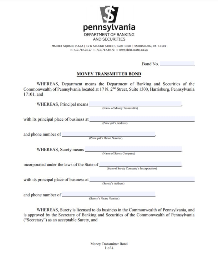 Pennsylvania Money Transmitter Bond Form