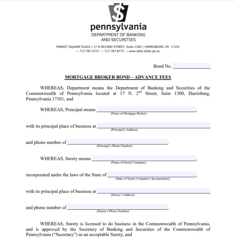 Pennsylvania Mortgage Broker Bond Form