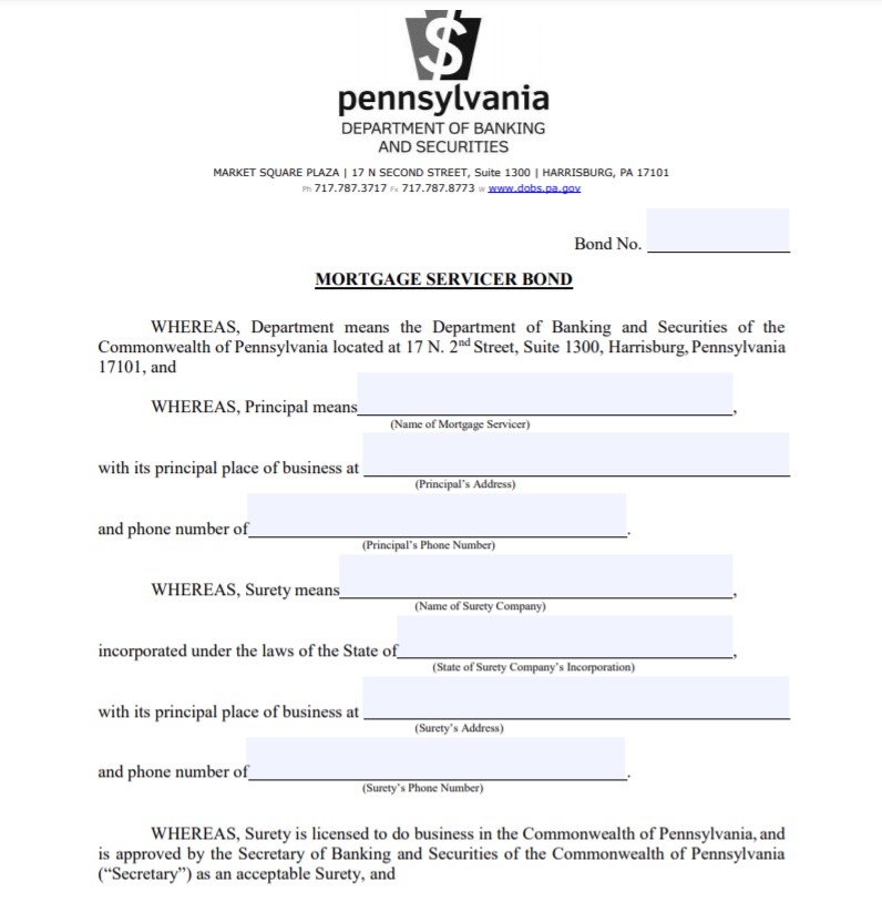 Pennsylvania Mortgage Servicer Bond Form