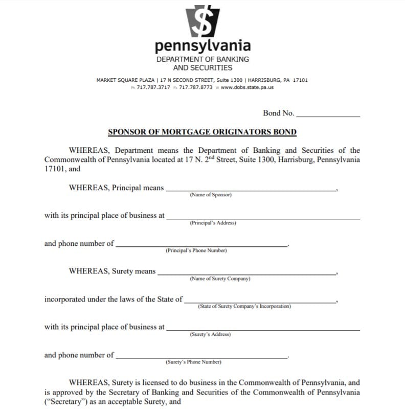 Pennsylvania Mortgage Consumer Discount Company Bond Form