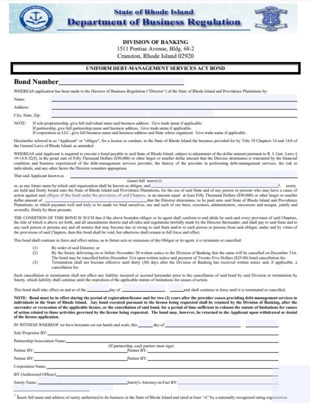 Rhode Island Debt Management Services Bond Form