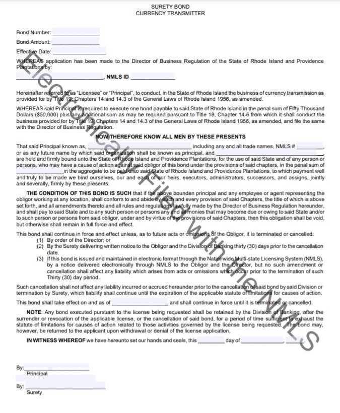 Rhode Island Currency Transmitter Bond Form