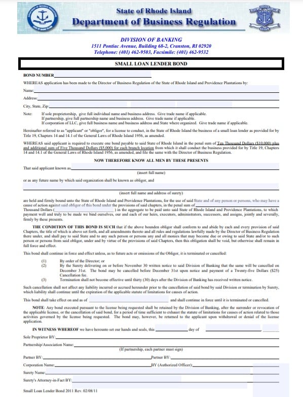 Rhode Island Small Loan Lender Bond Form