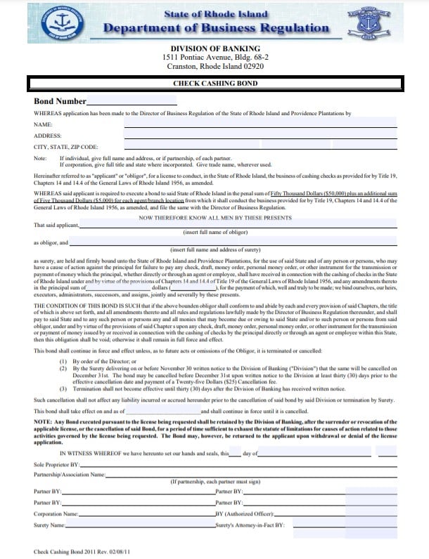 Rhode Island Check Cashing Bond Form