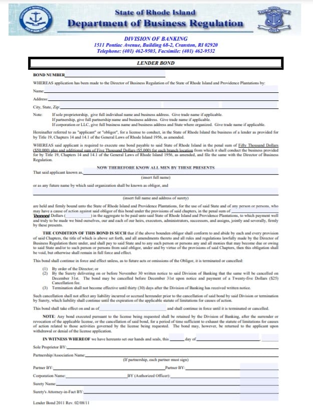 Rhode Island Mortgage Lender Bond Form