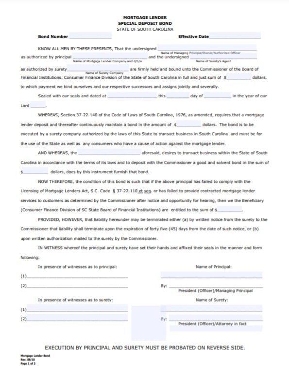 South Carolina Mortgage Lender/Servicer Bond Form