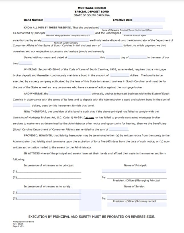 South Carolina Mortgage Broker Bond Form