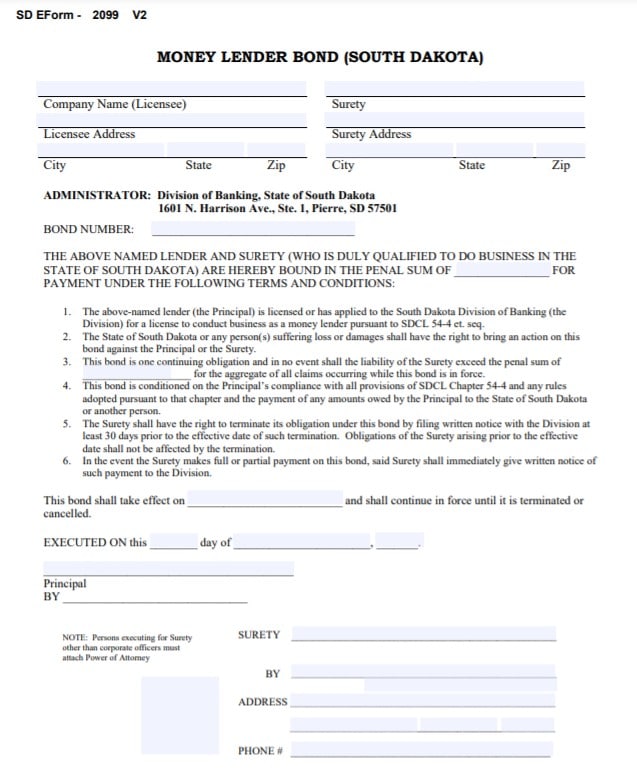 South Dakota Money Lender Bond Form