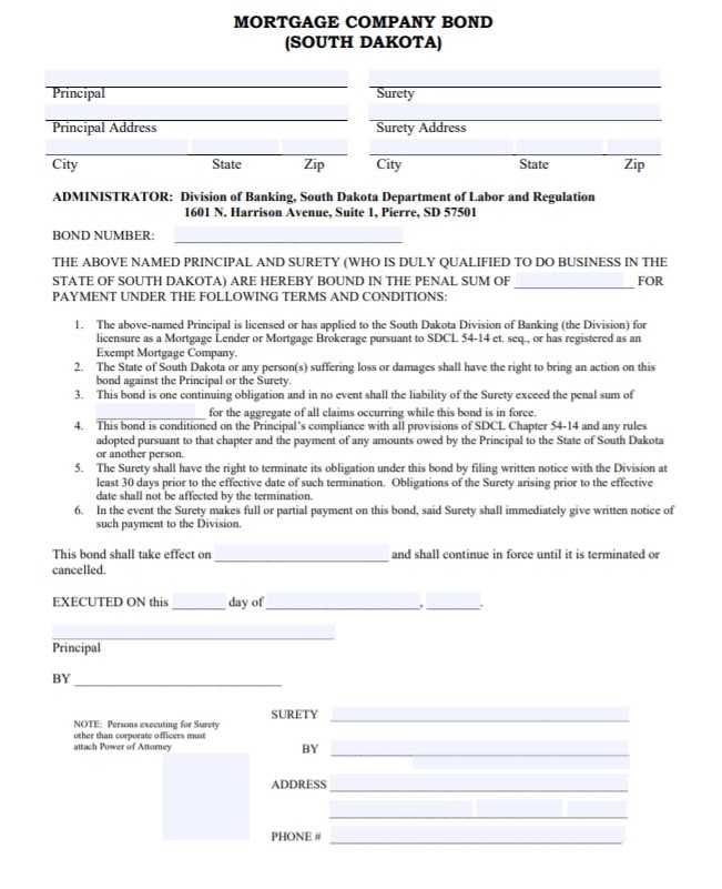 South Dakota Mortgage Broker Bond Form