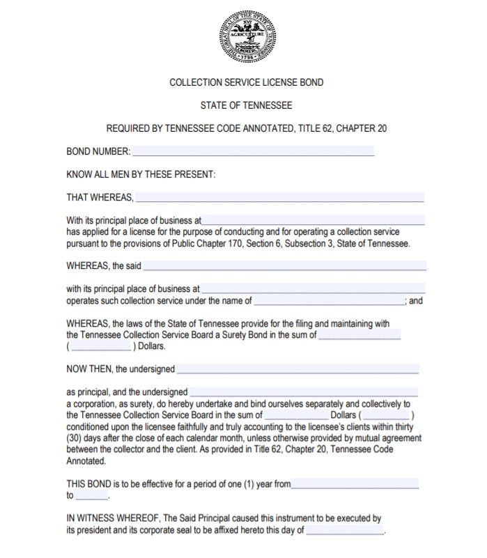 Tennessee Collection Service Bond Form