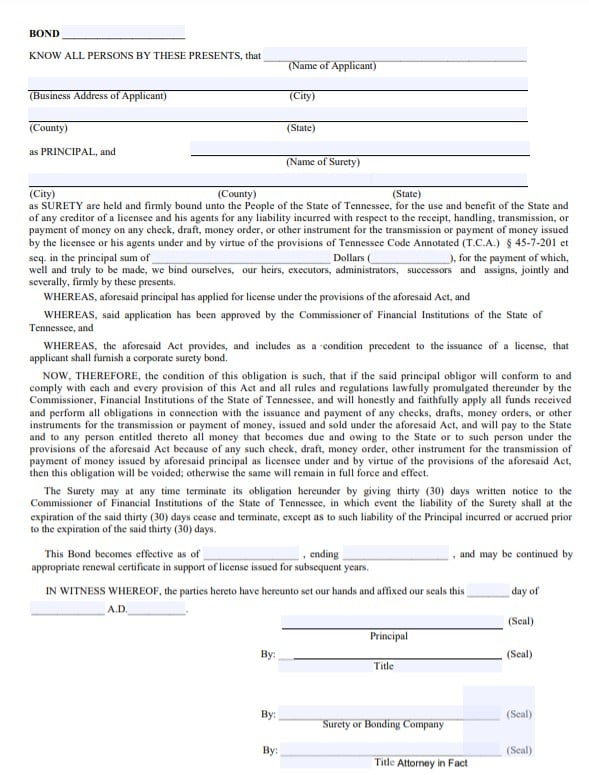 Tennessee Money Transmitter Bond Form