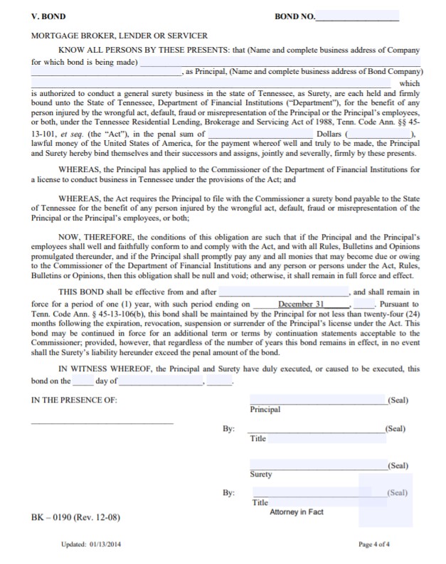 Tennessee Mortgage License Bond Form