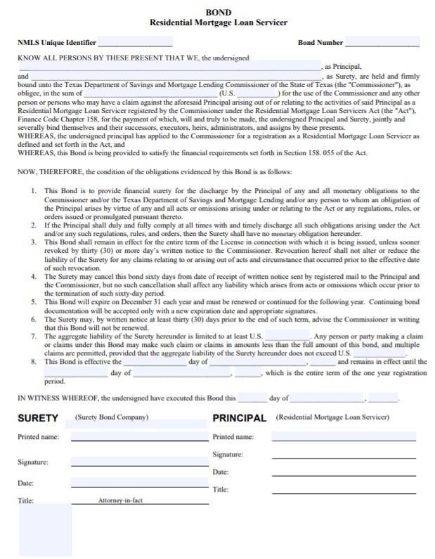 Texas Residential Mortgage Loan Servicer Bond Form