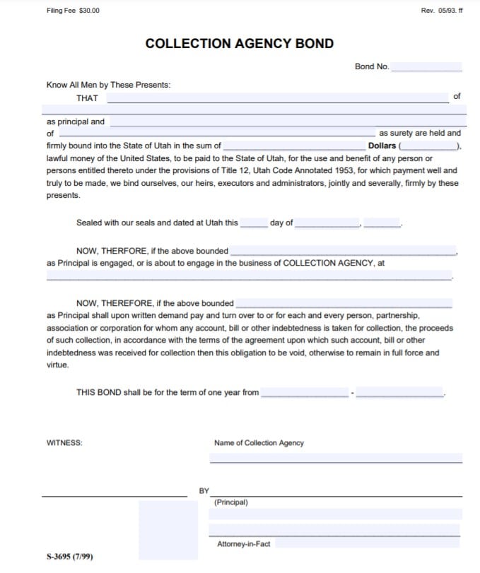 Utah Collection Agency Bond Form