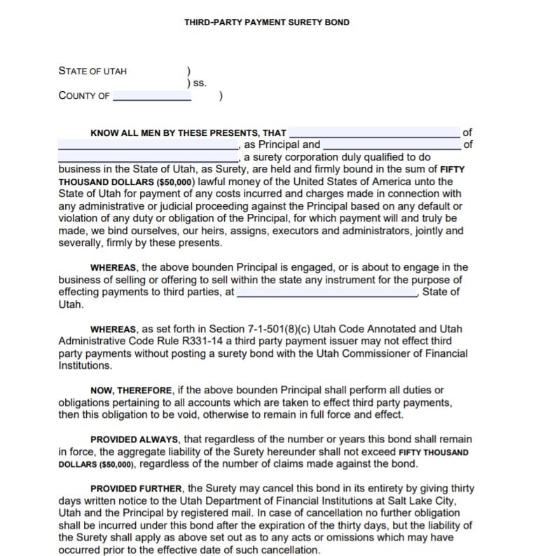 Utah Money Transmitter Bond Form