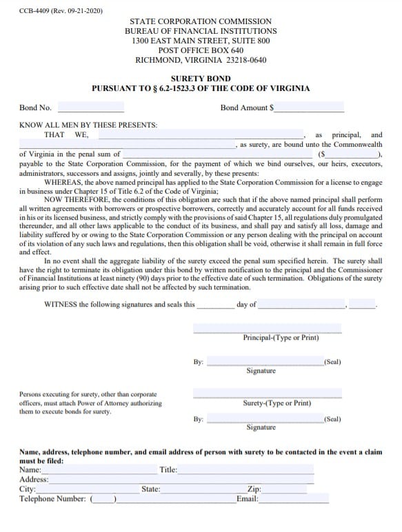 Virginia Consumer Finance Company Bond Form