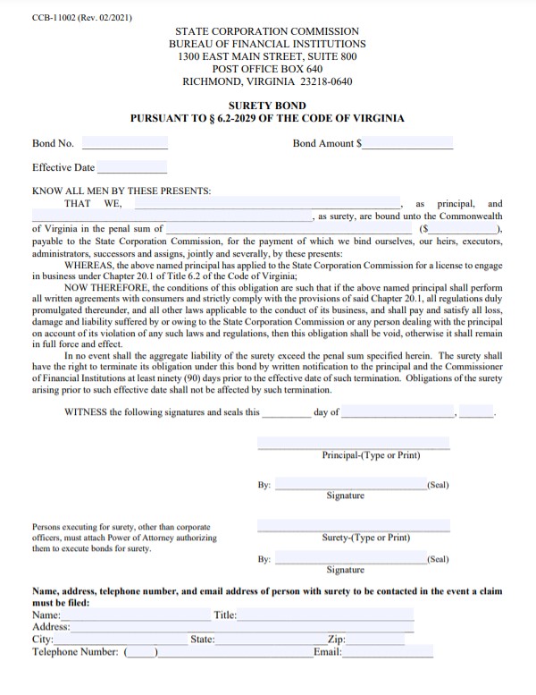 Virginia Debt Settlement Service Bond Form